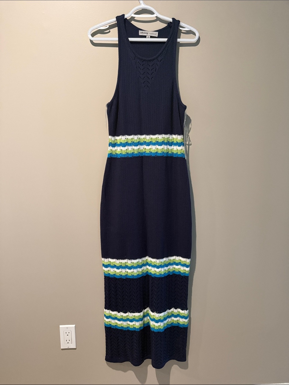 Absolutely Famous Navy Sleeveless Maxi Dress with Green, White & Aqua Stripes